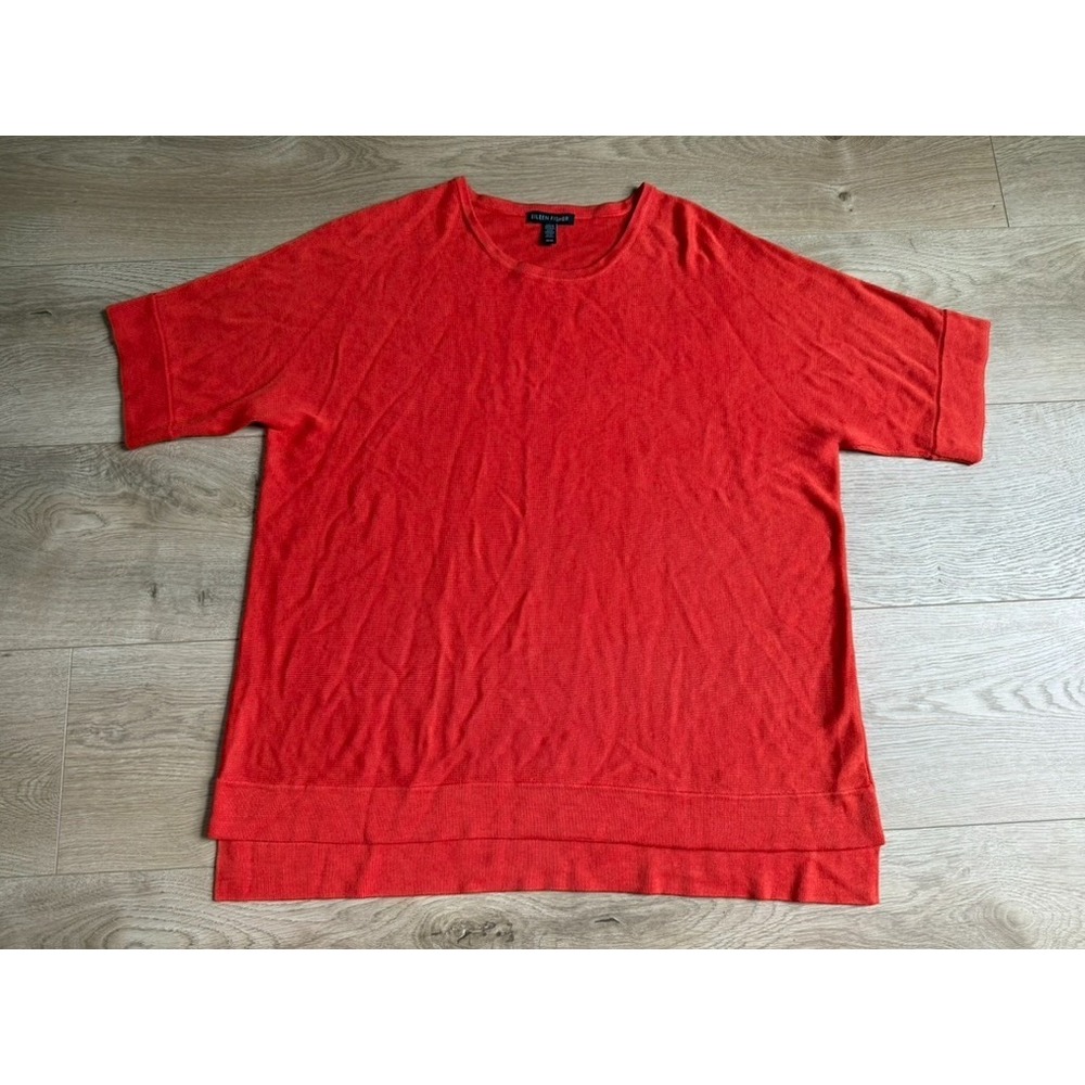 EUC Eileen Fisher coral red tencel lyocell silk blend short sleeve top size M